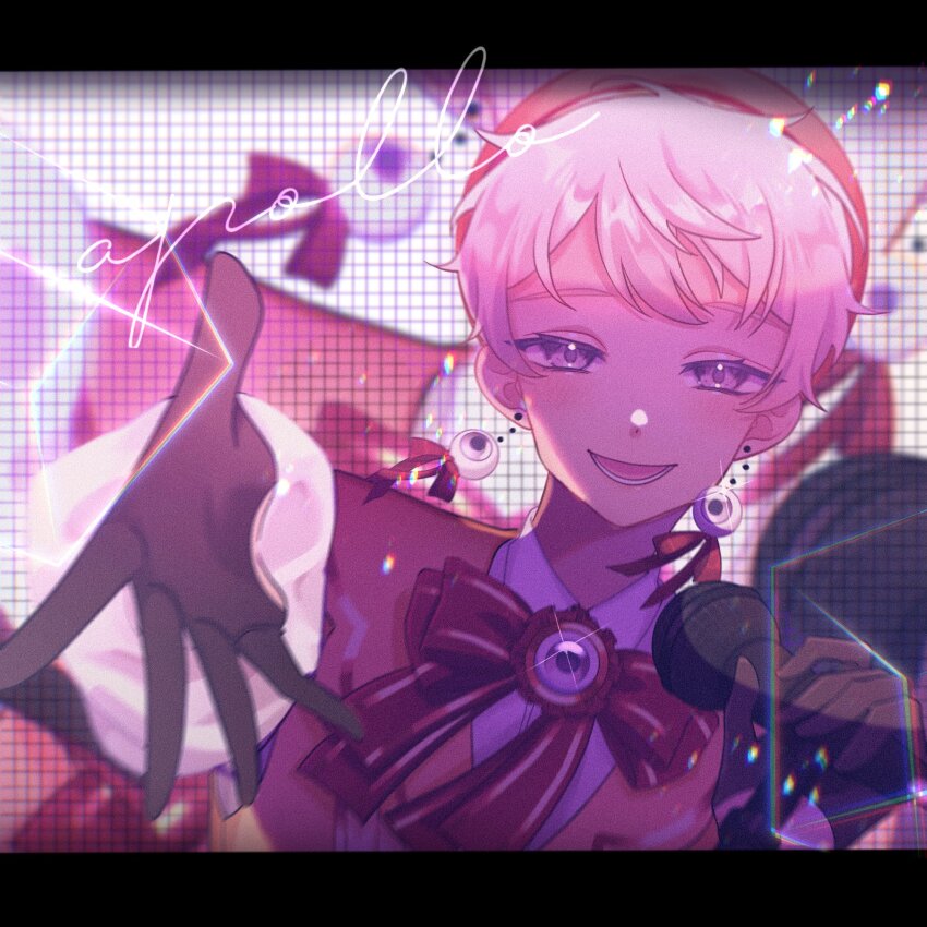 androgynous black_gloves character_request character_signature earrings eyeball_earrings film_grain gender_request gloves hashtag-only_commentary highres holding holding_microphone honobread_(artist) idol indie_virtual_youtuber jewelry lower_teeth_only microphone music open_mouth reaching reaching_towards_viewer short_hair signature singing smile teeth very_short_hair white_hair