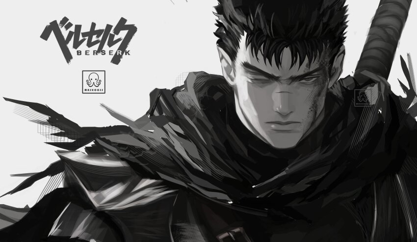 1boy absurdres armor artist_logo artist_name berserk berserker_armor black_armor black_hair blood commentary copyright_name dragonslayer_(sword) english_commentary greatsword greyscale guts_(berserk) highres hilt huge_weapon logo maskoo185826 monochrome scar scar_on_face short_hair simple_background solo sword weapon