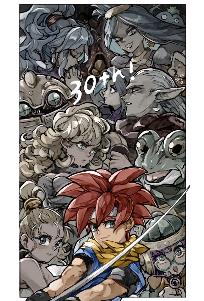 5girls 6+boys aiming aiming_at_viewer ayla_(chrono_trigger) blue_eyes blue_tunic brother_and_sister chrono_trigger crono_(chrono_trigger) earrings evil_smile frog_(chrono_trigger) frog_boy fur_(clothing) glasses green_eyes green_helmet gun headband helmet highres holding holding_sword holding_weapon janus_zeal jewelry katana lavos_(chrono_trigger) light_smile long_hair looking_at_viewer lucca_ashtear magus_(chrono_trigger) marle_(chrono_trigger) multiple_boys multiple_girls nu_(chrono_trigger) pointy_ears ponytail purple_hair queen_zeal red_hair robo_(chrono_trigger) scarf schala_zeal siblings smile sword tunic uzutanco weapon white_headband yellow_scarf
