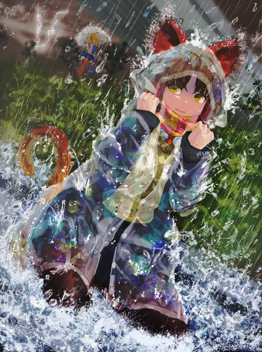 2girls bag benikurage_(cookie) black_footwear black_jacket black_skirt blonde_hair blue_skirt blue_vest bow bowtie breasts brown_cardigan brown_legwear cardigan cat_tail commentary_request cookie_(touhou) dutch_angle full_body grass green_eyes hair_bow hakurei_reimu highres jacket kirisame_marisa large_breasts loafers long_hair long_sleeves looking_at_viewer mars_(cookie) medium_hair multiple_girls necktie open_mouth pantyhose parted_bangs pink_bow pink_bowtie pleated_skirt poopdick rain raincoat red_bow red_necktie red_scarf scarf school_bag seiza shirt shoes sitting skirt solo_focus storm striped_clothes striped_scarf tail thick_thighs thighhighs thighs touhou umbrella vest water white_shirt yellow_eyes yellow_scarf
