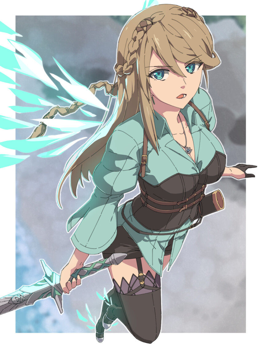 braid breasts brown_hair chiharu_(9654784) cleavage crown_braid eiyuu_densetsu elaine_auclair energy_wings floating_hair gloves green_eyes hair_between_eyes highres holding holding_sword holding_weapon jewelry juliet_sleeves kai_no_kiseki kuro_no_kiseki_(series) large_breasts long_hair long_sleeves looking_at_viewer mary_janes open_mouth parted_bangs pendant puffy_sleeves shoes single_braid single_glove single_sidelock sword thighhighs weapon wings