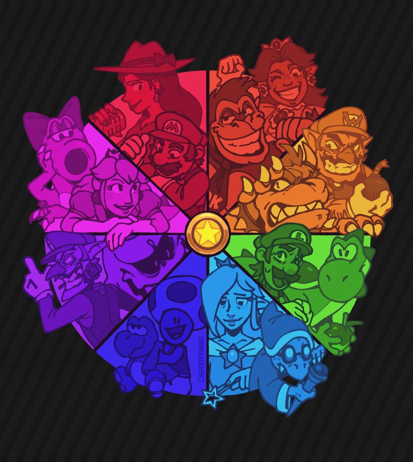 5girls 6+boys ape apple baby_yoshi birdo bomb bowser claws color_wheel crown dinosaur donkey_kong donkey_kong_(series) donkey_kong_country dress earrings evil_grin evil_smile explosive facial_hair flower flower_earrings food fruit gloves grin hair_over_one_eye hat highres horns jewelry kamek king_boo looking_at_another looking_at_viewer luigi luigi&#039;s_mansion mario mario_(series) mario_party multiple_boys multiple_girls mustache nintendo one_eye_closed open_mouth overalls pauline_(mario) princess_daisy princess_peach rosalina rose smile sunlight super_mario_bros._1 super_mario_bros._2 super_mario_galaxy super_mario_odyssey super_mario_world super_mario_world_2:_yoshi&#039;s_island sweat toad_(mario) waluigi wand wario wario_land wink wizard yoshi
