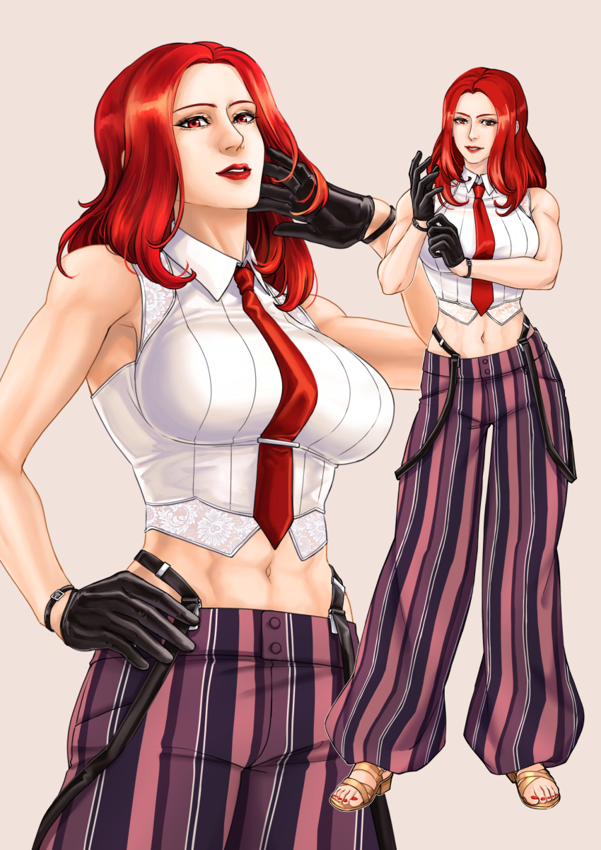 1girl baggy_pants breasts feet female_focus formal_clothes gloves heel_up highres kaewdesu large_breasts leather long_hair looking_at_viewer muscular muscular_female nail_polish pale_skin pants red_eyes red_hair see-through_clothes shirt sleeveless smile smiley_face standing suspenders the_king_of_fighters thighs toes toned toned_female vanessa_(kof) white_shirt