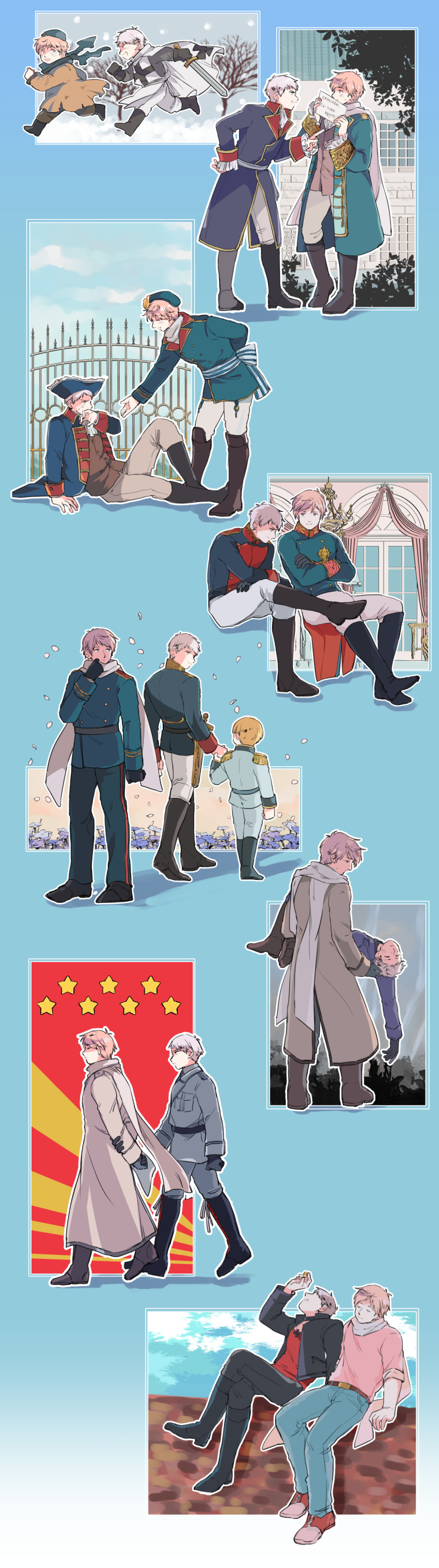 2boys absurdres aged_down arm_behind_back arm_up axis_powers_hetalia back belt beret black_belt black_choker black_footwear black_gloves black_hat black_jacket black_pants blonde_hair blue_hat blue_jacket blue_pants blue_sky boots brick_wall brown_belt brown_coat buttons carrying carrying_person child choker clenched_hand closed_eyes closed_mouth cloud cloudy_sky coat commentary_request cross crossed_arms crossed_legs curtains day denim epaulettes full_body gate gloves goro_nyanko green_hat green_jacket green_pants grey_coat grey_footwear grey_hair grey_jacket grey_pants grey_sky hand_on_own_hip hat highres holding holding_hands holding_letter holding_sword holding_weapon indoors iron_cross jacket lapels letter long_sleeves looking_to_the_side military_jacket military_uniform multiple_boys multiple_persona open_clothes open_jacket open_mouth outdoors pants pink_eyes pink_shirt pocket princess_carry prussia_(hetalia) rain red_footwear red_shirt running russia_(hetalia) scarf shirt shoes short_hair sitting sky smile sneakers snow snowing star_(symbol) sword t-shirt tree walking weapon white_pants white_scarf window winter