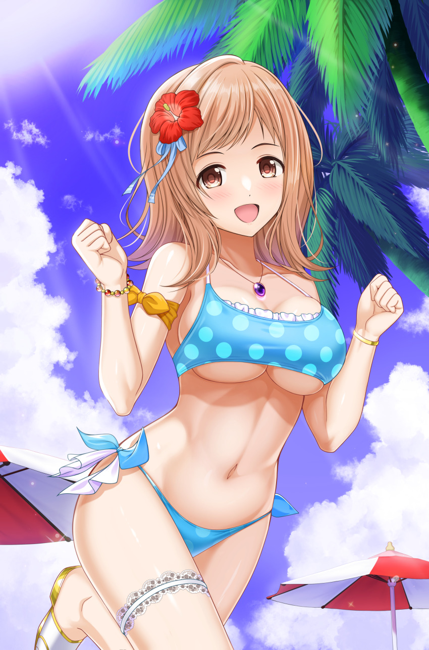 1girl absurdres armband beach_umbrella bikini blue_bikini blue_sky breasts brown_eyes cloud cowboy_shot day frilled_thigh_strap highres idolmaster idolmaster_shiny_colors large_breasts light_brown_hair medium_hair navel outdoors palm_tree polka_dot polka_dot_bikini sakuragi_mano shibata_rai side-tie_bikini_bottom sky smile solo swimsuit thigh_strap tree umbrella