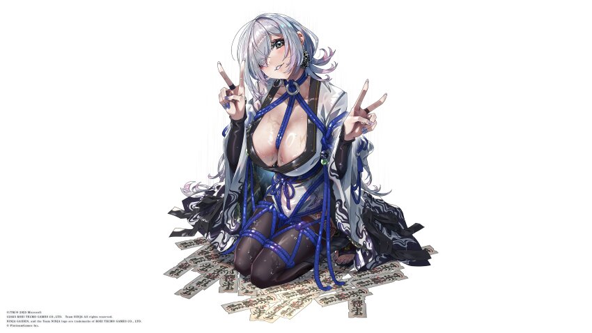 1girl absurdres artist_request between_breasts black_thighhighs breasts cleavage double_v earrings grey_nails hair_over_one_eye highres japanese_clothes jewelry kimono kneeling large_breasts lips looking_at_viewer makeup miko nail_polish ninja_gaiden ninja_gaiden_4 nontraditional_miko official_art one_eye_covered open_clothes open_kimono parted_lips rope seori_(ninja_gaiden) shibari short_hair smile solo sweat teeth thighhighs v white_hair white_kimono
