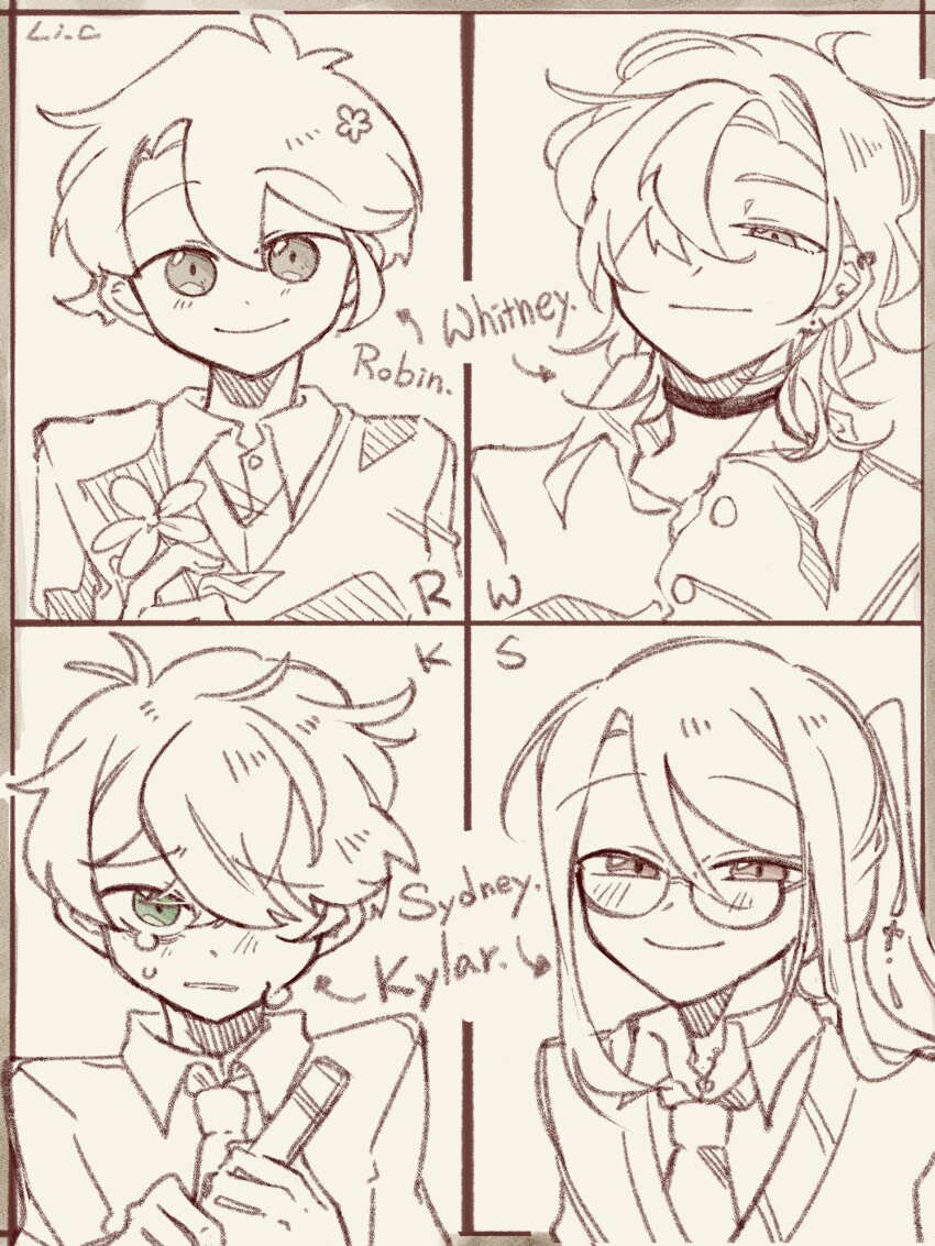 1girl 3boys degrees_of_lewdity glasses green_eyes hair_over_one_eye highres kylar_(degrees_of_lewdity) multiple_boys robin_(degrees_of_lewdity) smile sydney_(degrees_of_lewdity) whitney_(degrees_of_lewdity)