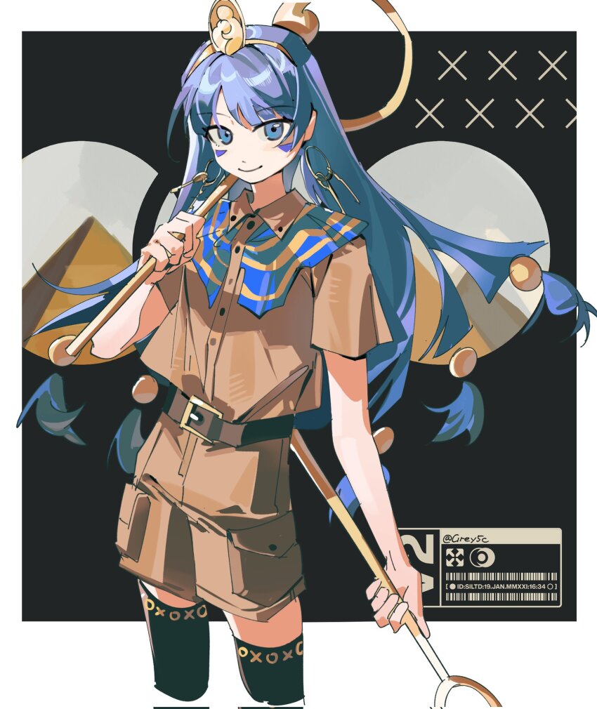 1girl belt belt_buckle black_background black_thighhighs blue_eyes blue_hair border brown_belt brown_shirt brown_shorts buckle cargo_shorts collared_shirt earrings facial_tattoo fossilized_wonders gold_headdress hashtag-only_commentary headdress highres holding holding_scepter jewelry key_earrings light_smile long_hair looking_at_viewer low-tied_long_hair michigami_nareko pyramid_(structure) scepter shirt short_sleeves shorts si_ming solo tattoo thighhighs touhou twitter_username usekh_collar white_border