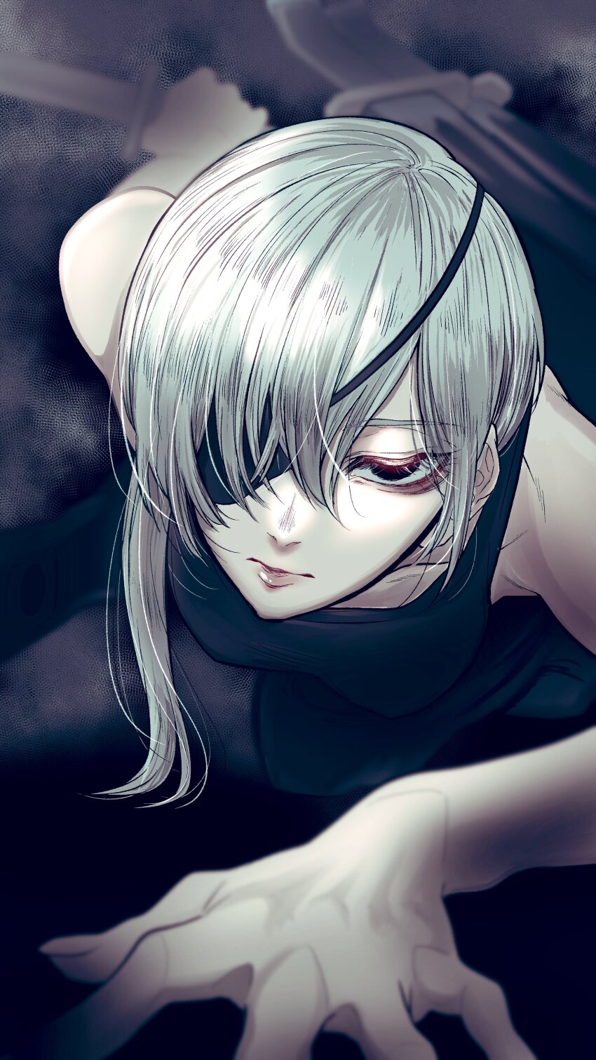 1girl absurdres all_fours black_tank_top chainsaw_man expressionless eyepatch fog haru_rice highres long_hair looking_at_viewer ponytail quanxi_(chainsaw_man) shirt_tucked_in solo tank_top white_hair