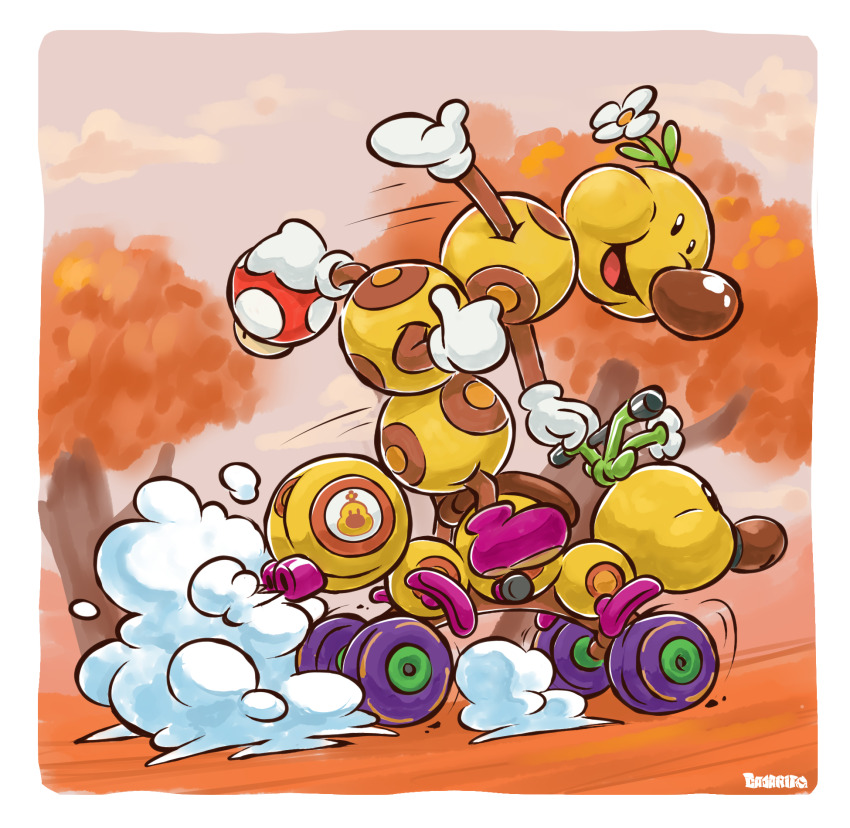 artist_name boots border caterpillar elcajarito flower gloves highres mario_(series) mario_kart mario_kart_8 mario_kart_8_deluxe nintendo no_humans open_mouth outside_border pink_boots solo super_mushroom white_border white_flower white_gloves wiggler wild_wiggler