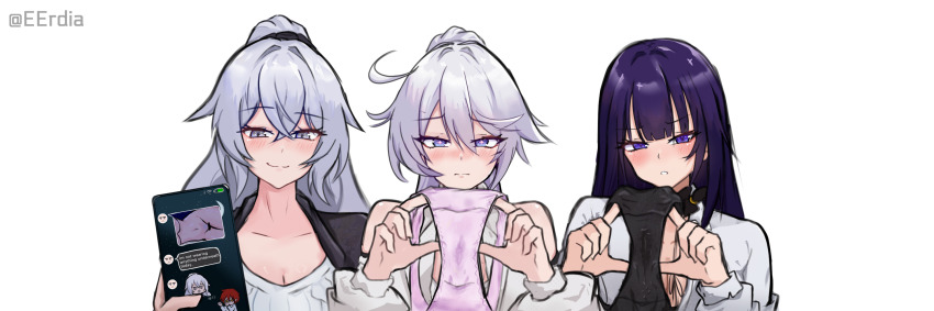 3girls ahoge artist_name black_jacket black_panties blue_eyes blush bronya_zaychik bronya_zaychik_(outstanding_attitude) bronya_zaychik_(silverwing:_n-ex) captain_(honkai_impact) commentary english_commentary eruda_erudia grey_eyes grey_hair highres hime_cut holding holding_panties holding_phone holding_underwear holding_unworn_clothes honkai_(series) honkai_impact_3rd jacket kiana_kaslana kiana_kaslana_(apho) kiana_kaslana_(herrscher_of_finality) long_hair looking_at_viewer multiple_girls panties phone pink_panties ponytail presenting_removed_panties purple_eyes purple_hair raiden_mei raiden_mei_(apho) shirt simple_background underwear upper_body very_long_hair white_background white_hair white_shirt