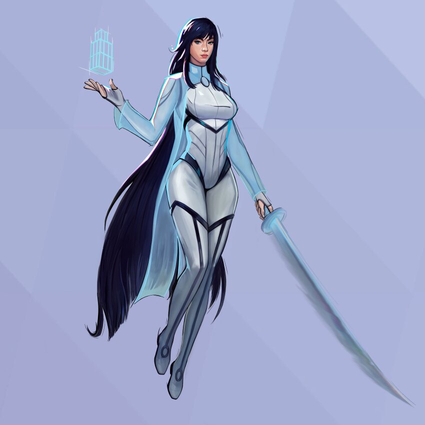 1girl absurdres aero_(marvel) black_hair blue_eyes flying highres hoaneybee holding holding_sword holding_weapon long_coat marvel marvel_rivals sword weapon wind