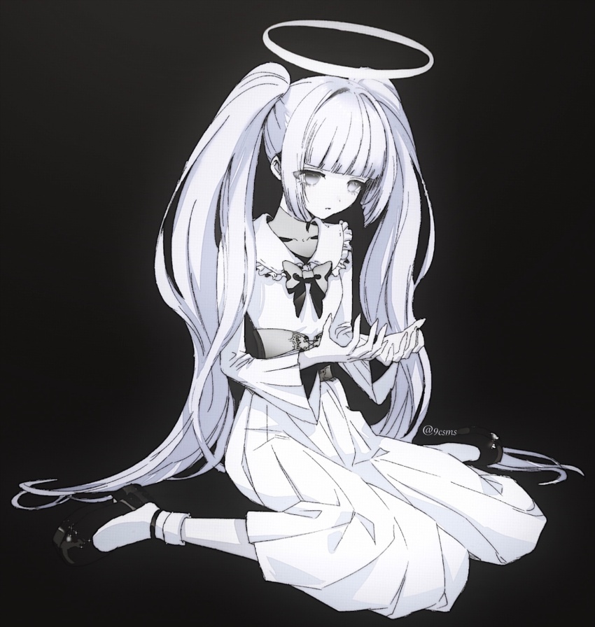 1girl black_background black_bow black_bowtie black_shoes bow bowtie corset frills full_body grey_eyes halo hands_up highres long_hair long_skirt looking_down nyamu-chan_(nyamura) pale_skin shirt shoes simple_background sitting skirt socks solo teyuruun twintails twitter_username wariza when_the_linalia_blooms_(nyamura) white_hair white_shirt white_skirt white_socks