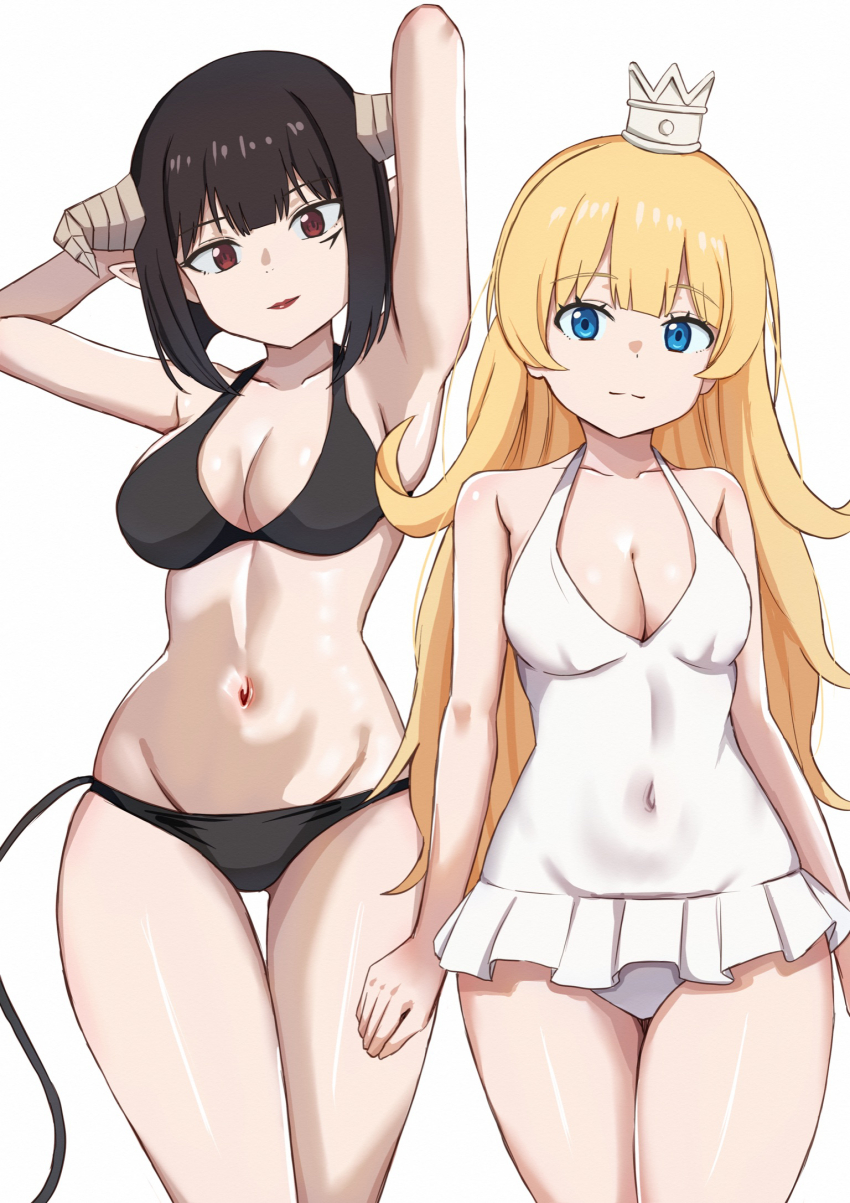 2girls arms_behind_head bikini black_bikini black_hair blonde_hair blue_eyes breasts cleavage covered_navel crown demon_girl demon_horns eyebrows_hidden_by_hair groin hair_between_eyes highres hime-sama_&quot;goumon&quot;_no_jikan_desu hime_(himesama_goumon) horns light_smile lipstick long_hair looking_at_viewer lowleg lowleg_bikini makeup medium_breasts mini_crown multiple_girls navel nootomo one-piece_swimsuit pointy_ears red_eyes simple_background stomach swimsuit torture_tortura white_background white_one-piece_swimsuit