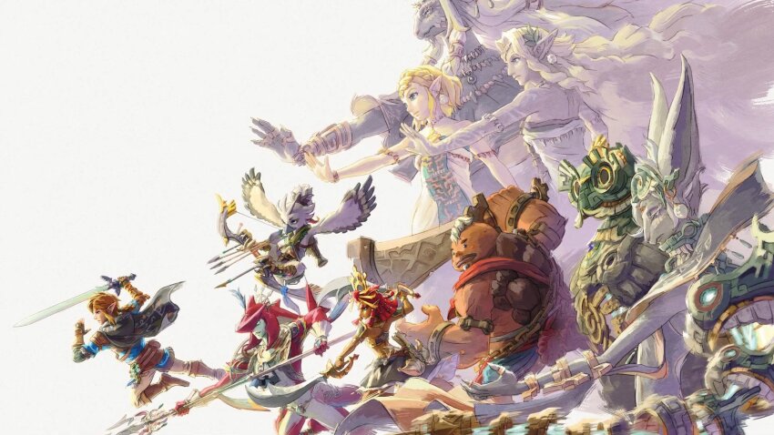 4girls 5boys arrow_(projectile) blonde_hair bow_(weapon) cloak dual_wielding goron highres holding holding_polearm link long_hair master_sword mineru_(zelda) multiple_boys multiple_girls nintendo official_art outstretched_arm pointy_ears polearm princess_zelda rauru_(tears_of_the_kingdom) red_hair riju rito scimitar sidon sonia_(zelda) sword the_legend_of_zelda the_legend_of_zelda:_tears_of_the_kingdom third-party_source trident tulin_(zelda) very_long_hair weapon winged_arms wings yunobo zonai zora