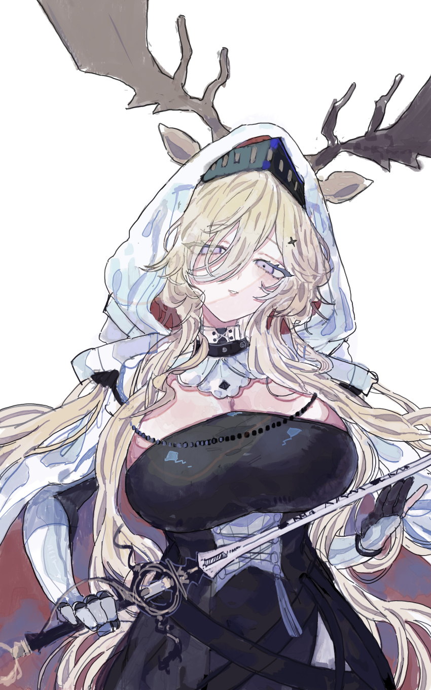 1girl absurdres animal_ears antlers antlers_through_headwear arknights blonde_hair breasts hair_between_eyes highres holding holding_sword holding_weapon horns large_breasts moose_antlers moose_ears moose_girl purple_eyes rocb solo sword upper_body viviana_(arknights) weapon white_background white_hood