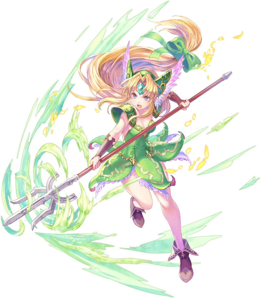 1girl blonde_hair boots bridal_gauntlets dress forehead_jewel full_body green_dress haccan helmet highres long_hair low-tied_long_hair non-web_source official_art open_mouth polearm purple_eyes riesz seiken_densetsu seiken_densetsu_3 short_dress solo transparent_background valkyrie valkyrie_(seiken_densetsu_3) weapon winged_helmet