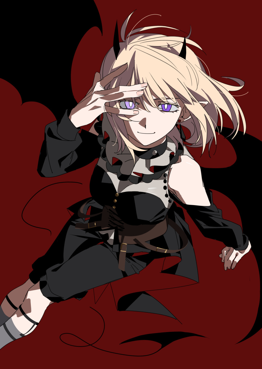 1girl absurdres bang_dream! bang_dream!_it&#039;s_mygo!!!!! blonde_hair brown_corset closed_mouth clothing_cutout commentary_request corset demon_horns demon_tail demon_wings doloris_(bang_dream!) garter_straps grey_socks hand_up highres horns kneehighs long_sleeves looking_at_viewer medium_hair misumi_uika molu_stranger purple_eyes red_background shoulder_cutout simple_background socks solo tail wings