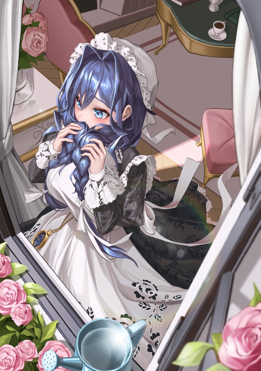 1girl absurdres apron black_dress blue_eyes blue_hair braid commentary cup dress english_commentary flower grabbing_own_hair hair_intakes hanho highres hololive hololive_english long_hair low_twin_braids maid maid_apron official_alternate_costume official_alternate_hairstyle ouro_kronii ouro_kronii_(maid) pink_flower pink_rose pocket_watch rose saucer solo standing table tea teacup twin_braids virtual_youtuber watch water watering_can white_apron window
