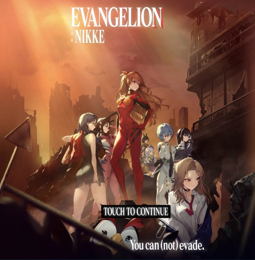6+girls ayanami_rei black_hair black_skirt blonde_hair blue_hair bodysuit brown_hair building copyright_name crossover ein_(nikke) english_text full_body goddess_of_victory:_nikke highres holding holding_weapon jacket jam_(nandade) katsuragi_misato light_rays long_hair looking_at_viewer looking_to_the_side makinami_mari_illustrious marciana_(nikke) mecha_pilot_suit multiple_girls necktie neon_genesis_evangelion orange_sky penpen pet plugsuit_(evangelion) purple_hair rebuild_of_evangelion rei_(nikke) short_hair sign skirt sky souryuu_asuka_langley twintails weapon white_bodysuit zwei_(nikke)