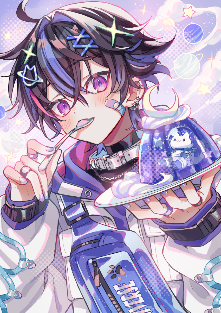 1boy absurdres bandaid bandaid_on_cheek bandaid_on_face blush brown_hair cat closed_mouth commentary_request ear_piercing eating food gelatin hair_between_eyes hair_ornament highres holding holding_plate holding_spoon jacket jewelry long_sleeves looking_at_viewer male_focus multicolored_hair nail_polish original piercing plate purple_eyes purple_hair purple_nails red_hair ring short_hair solo spoon streaked_hair suzaku_(zaku6584) upper_body white_jacket x_hair_ornament