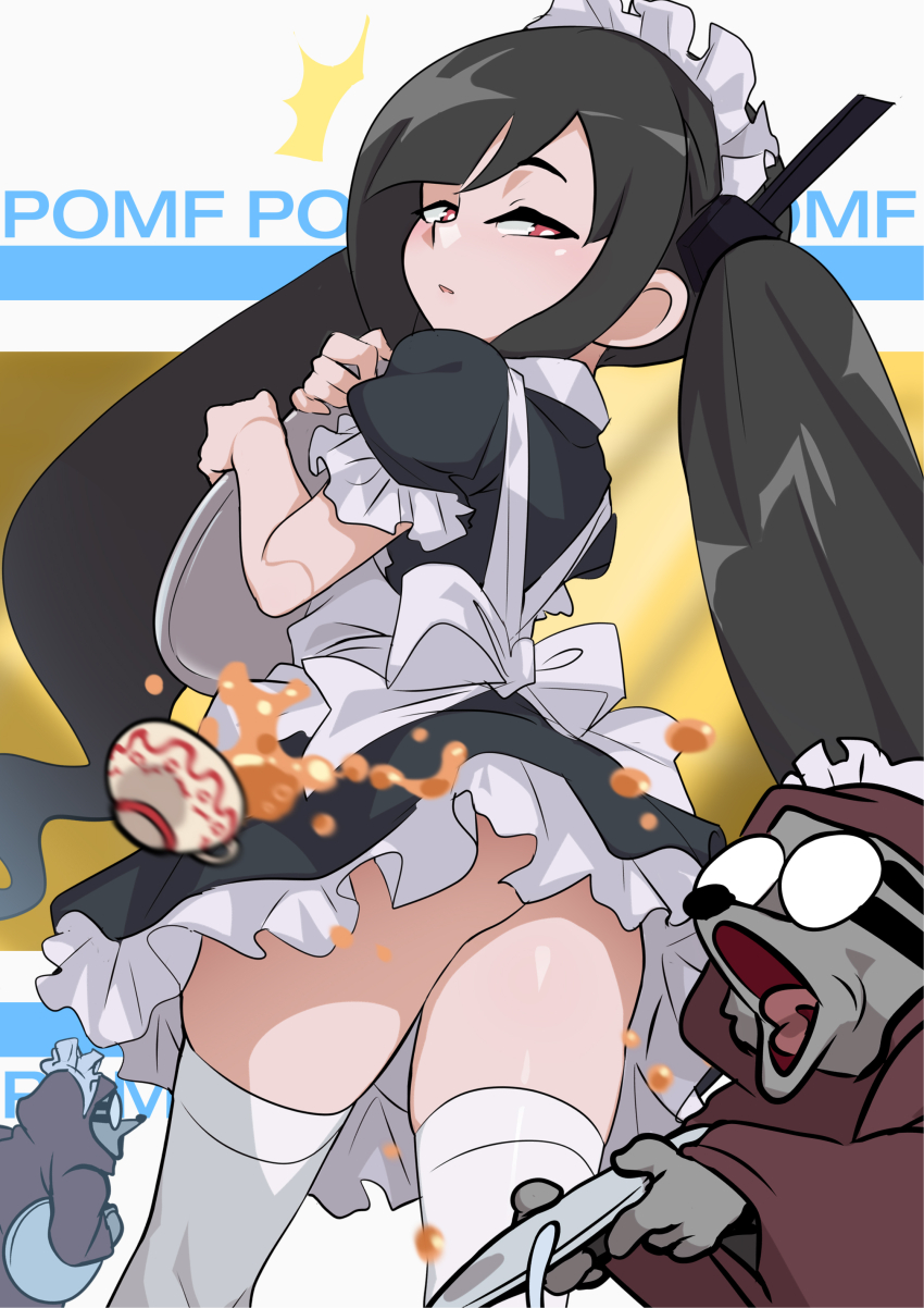 1girl absurdres animal apron ass black_dress blue_background brown_hair commentary cup dress english_commentary feet_out_of_frame highres holding holding_tray hugging_object jcm2 looking_at_viewer looking_back maid maid_apron original pomf pomf_(jcm2) puffy_short_sleeves puffy_sleeves raccoon red_eyes shiny_skin short_sleeves thighhighs tray twintails white_background white_thighhighs