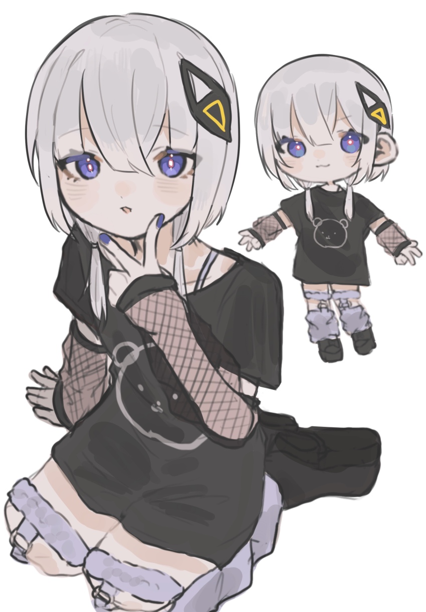 1girl :3 alternate_costume animal_print bear_print black_footwear blue_eyes blue_nails bright_pupils cevio chibi chibi_inset commentary diamond_hair_ornament faoru_ofuton fishnet_armwear hair_between_eyes hair_ornament hair_over_shoulder hand_on_own_chin hashtag-only_commentary highres kafu_(cevio) kamitsubaki_studio loose_socks low_twintails multicolored_eyes on_floor open_mouth parted_lips platform_footwear print_shirt seiza shirt shoes short_hair short_sleeves simple_background sitting socks twintails v white_background white_hair white_pupils white_shirt white_socks