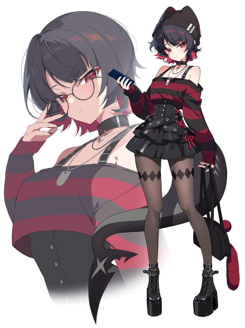 1girl absurdres alternate_costume bare_shoulders black_hair black_hat black_shoes black_skirt brown_pantyhose casual closed_mouth commentary ellen_joe fins fish_tail glasses hat highres knit_hat long_sleeves looking_at_viewer mole mole_under_eye multiple_views off_shoulder pantyhose red_eyes red_hair shark_girl shark_tail shoes short_hair simple_background skirt standing tail white_background yotte zenless_zone_zero