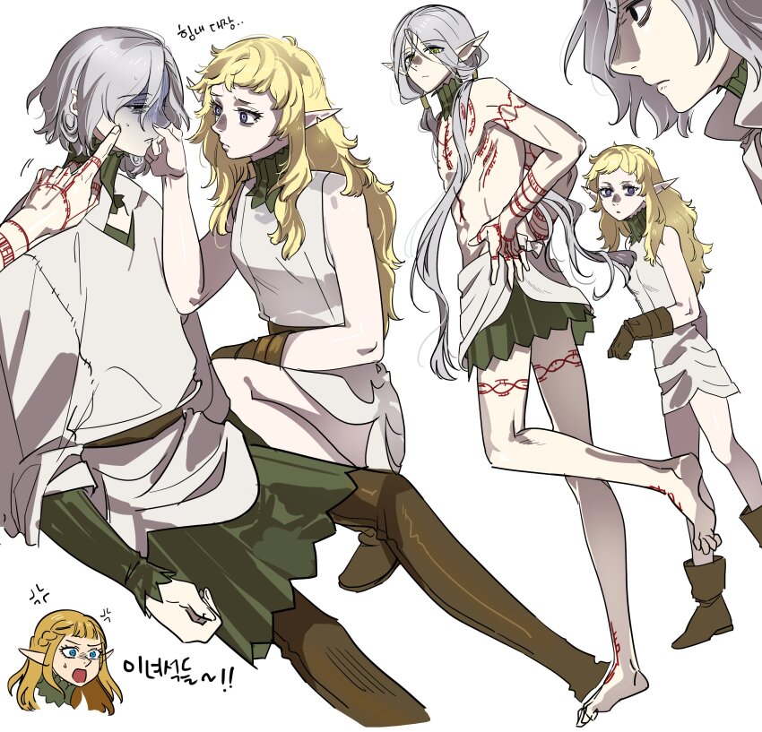 2boys 2girls absurdres anger_vein arm_tattoo bags_under_eyes barefoot black_eyes blonde_hair blue_eyes boots chest_tattoo dungeon_meshi elf fleki gloves gorget grey_hair hair_around_ear highres holding_nose long_hair long_sleeves looking_at_viewer low_twintails lycion medium_hair mithrun multiple_boys multiple_girls nose_pinch notched_ear oejikim pattadol pinching pinching_another&#039;s_nose pointy_ears poking shaded_face shirt short_hair single_glove sleeveless tattoo thigh_boots topless_male tunic twintails yellow_eyes