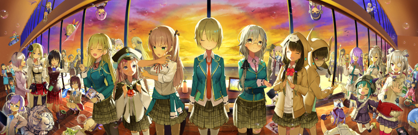 6+girls absolutely_everyone absurdres aikawa_megumi animal aoi_erika aqua_jacket asakura_karen_(heaven_burns_red) asami_makiko_(heaven_burns_red) blonde_hair bow bowtie brown_hair bungo_yayoi byakko_(heaven_burns_red) carole_reaper character_request charlotta_skopovskaya check_character closed_eyes closed_mouth collared_shirt commentary_request date_akari evening everyone eyepatch facing_viewer fisheye glasses green_skirt grey_hair hanamura_shiki heaven_burns_red highres higuchi_seika hiiragi_kozue hood hood_up indoors irene_redmayne ishii_iroha izumi_yuki_(heaven_burns_red) jacket kanzaki_adelheid kayamori_ruka kiryuu_miya kunimi_tama kura_satomi kurozawa_maki li_yingxia lion long_sleeves looking_at_viewer maria_de_angelis maruyama_kanata matsuoka_chiroru mikoto_fubuki minase_ichigo minase_sumomo miniskirt mizuhara_aina multiple_girls murohushi_risa nanase_nanami_(heaven_burns_red) natsume_inori necktie nikaidou_misato ogasawara_hisame ooshima_ichiko ooshima_isuzu ooshima_minori ooshima_muua ooshima_niina ooshima_yotsuha open_clothes open_jacket open_mouth pink_hair plaid_clothes plaid_skirt pleated_skirt purple_hair red_bow red_bowtie red_necktie rinki_oohen sakuraba_seira satsuki_mari school_uniform shirakawa_yuina shirt skirt smile squatting standing sugawara_chie tenne_miko tezuka_saki toujou_tsukasa tsukishiro_monaka very_wide_shot vritika_balakrishnan white_shirt window wooden_floor yamawaki_bon_ivar yanagi_mion
