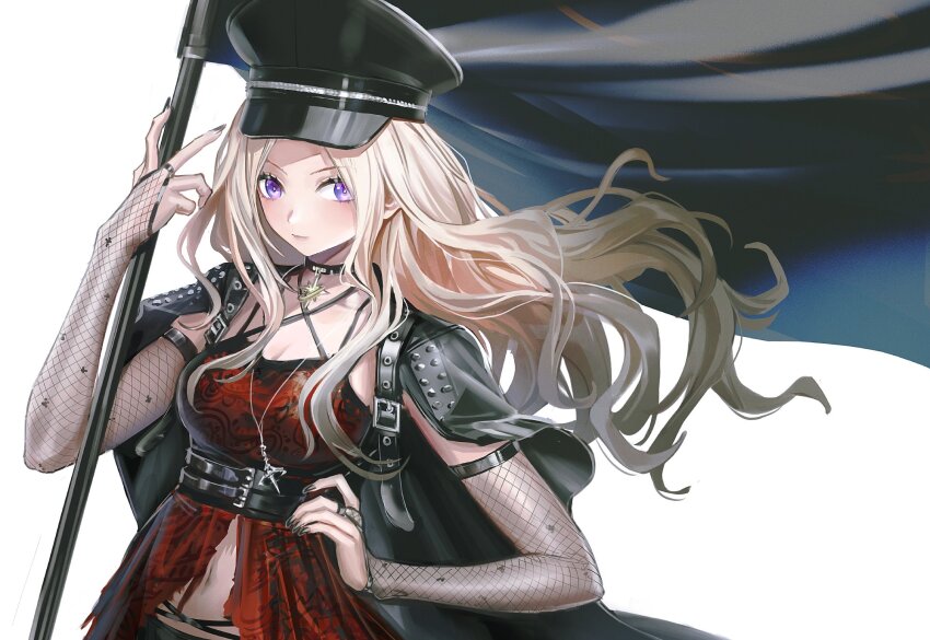 1girl belt black_choker black_cloak black_hat blush breasts bridal_gauntlets choker cleavage cloak collarbone dress fingernails fishnet_bridal_gauntlets flag floating_hair gakuen_idolmaster hat highres holding holding_flag idolmaster infukun jewelry juo_sena long_hair looking_at_viewer medium_breasts nail_polish navel necklace official_alternate_costume our_chant_(idolmaster) peaked_cap purple_eyes red_dress simple_background solo torn_clothes torn_dress upper_body very_long_hair white_background