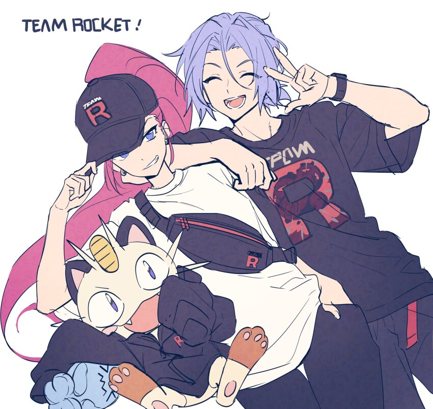 1boy 1girl baseball_cap black_hat black_jacket black_pants black_shirt blue_eyes closed_eyes clothed_pokemon cowboy_shot creatures_(company) earrings facing_viewer fangs fanny_pack game_freak gen_1_pokemon gen_2_pokemon grin hand_in_pocket hand_on_headwear hat highres jacket james_(pokemon) jessie_(pokemon) jewelry long_hair long_sleeves looking_at_viewer meowth nintendo open_mouth pants pkgllllllv pokemon pokemon_(anime) pokemon_(creature) ponytail print_shirt purple_hair red_hair shirt short_hair short_sleeves simple_background sleeves_past_fingers sleeves_past_wrists smile standing t-shirt team_rocket very_long_hair w watch weezing white_background white_shirt wobbuffet wristwatch