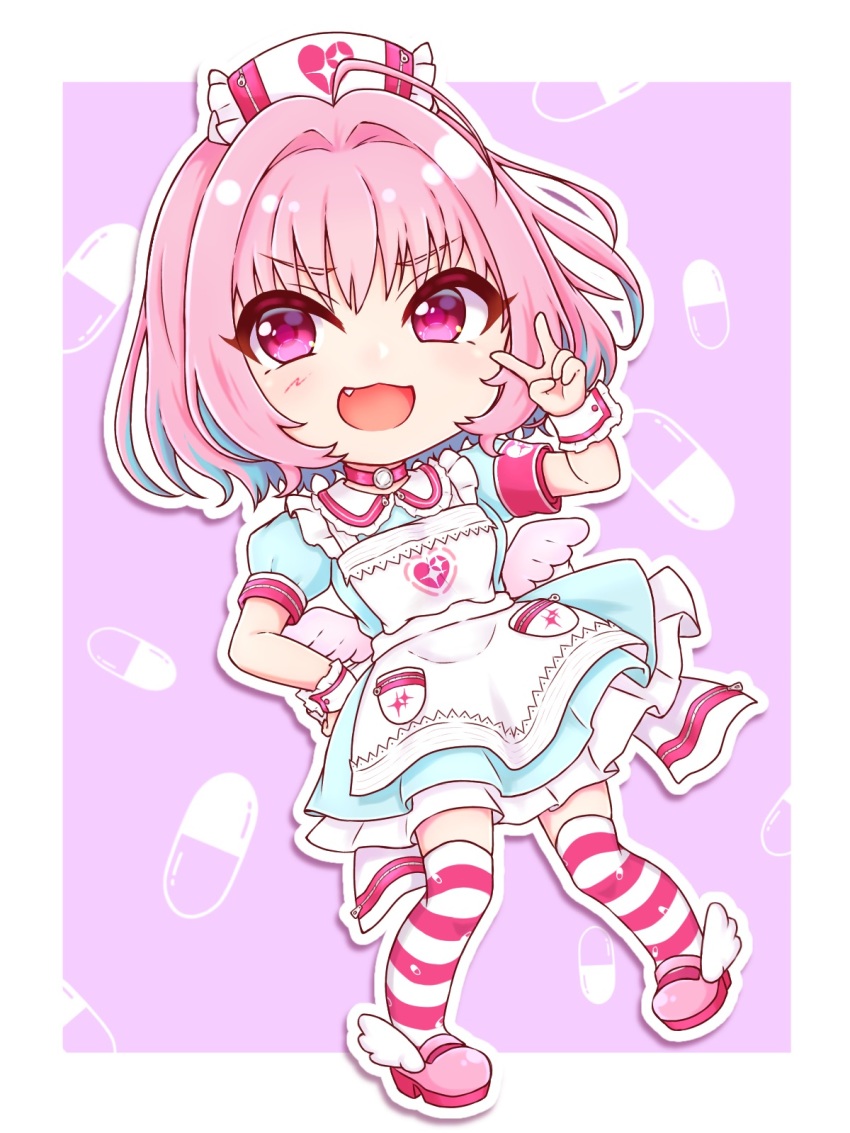 1girl angel_wings apron armband blue_dress blue_hair breasts chibi choker commentary dress fake_wings fang frilled_apron frills full_body hair_intakes hand_on_own_hip highres idolmaster idolmaster_cinderella_girls idolmaster_cinderella_girls_starlight_stage looking_at_viewer low_wings multicolored_hair nyam_nyamn official_alternate_costume open_mouth petticoat pill_background pink_background pink_eyes pink_hair pink_shoes puffy_short_sleeves puffy_sleeves shoes short_hair short_sleeves smile solo striped thighhighs two-tone_hair v v-shaped_eyebrows white_apron winged_footwear wings wrist_cuffs yumemi_riamu zipper zipper_pull_tab