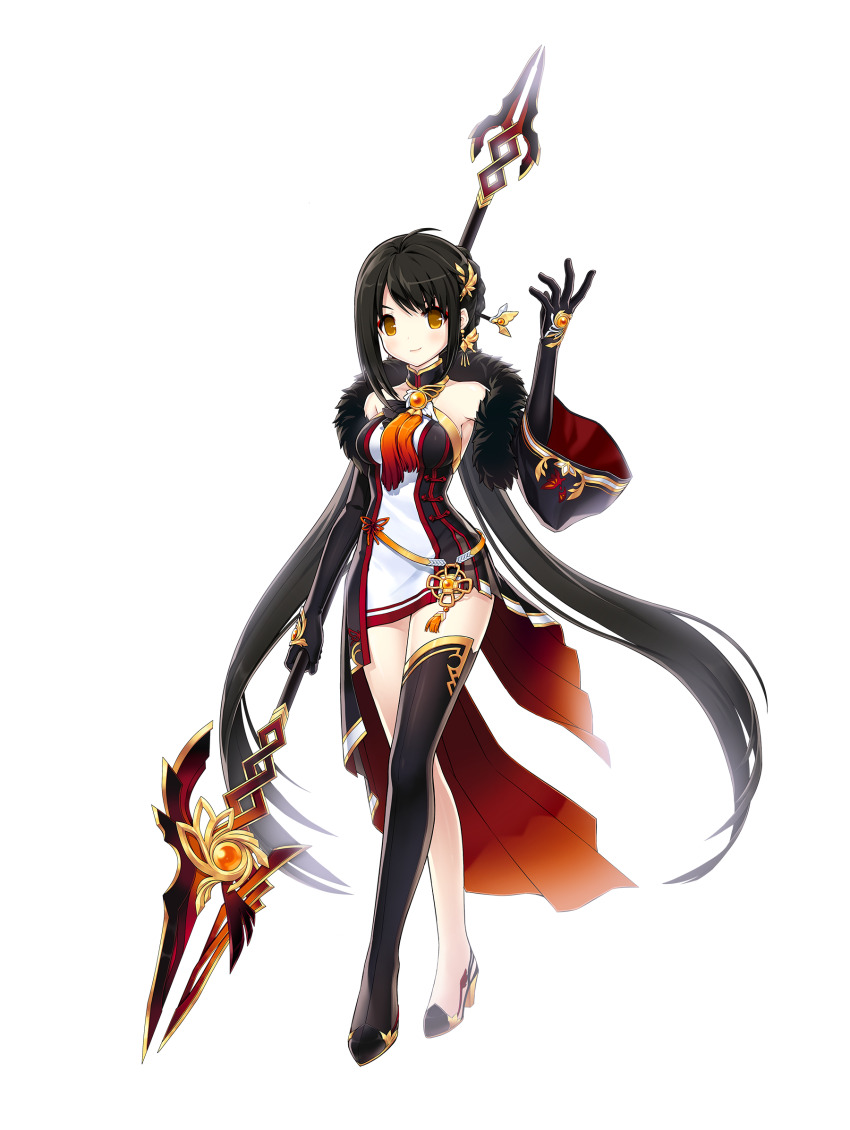 1girl ara_haan ara_han bare_shoulders black_gloves black_hair black_thighhighs brown_eyes choker detached_sleeves dress earrings elbow_gloves elsword eyeliner full_body fur_trim gloves hair_ornament highres holding_behind_back holding_polearm holding_polearm_behind_back holding_weapon holding_weapon_behind_back jewelry long_hair looking_at_viewer makeup official_art polearm sando_(dukedevil) short_dress single_thighhigh smile solo spear standing thighhighs very_long_hair weapon white_background yama_raja_(elsword)