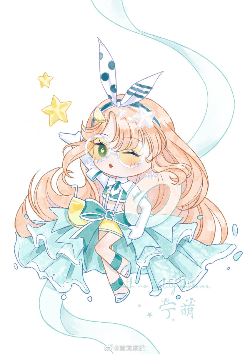 1girl absurdly_long_hair abu_cide aqua_bow aqua_shirt aqua_skirt arm_up blue_hairband bow bright_pupils character_request chibi chinese_commentary circle_skirt collared_shirt commentary_request commission elbow_gloves eyelashes food food-themed_hair_ornament frilled_skirt frills fruit gloves green_eyes hair_bow hair_ornament hairband heart heart-shaped_pupils high_collar highres holding holding_swim_ring innertube layered_skirt leg_up lemon lemon_hair_ornament lemon_slice light_blush lipstick long_hair long_skirt looking_at_viewer makeup miniskirt miracle_nikki necktie nikki_(series) one_eye_closed orange-tinted_eyewear orange_hair parted_bangs parted_lips polka_dot polka_dot_bow red_lips ribbon round_eyewear sample_watermark sandals shirt short_sleeves showgirl_skirt skirt sleeve_cuffs solo striped_bow sunglasses suspender_skirt suspenders swim_ring symbol-shaped_pupils tinted_eyewear transparent_innertube very_long_hair waist_bow watermark weibo_watermark white-framed_eyewear white_background white_bow white_gloves white_necktie white_pupils white_ribbon white_sandals yellow_skirt