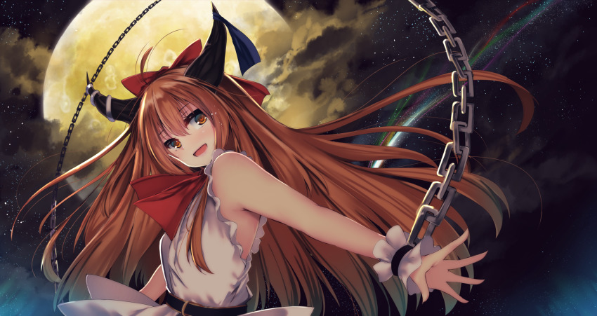 1girl armpit_peek bare_arms belt bow chain cloud comet commentary_request full_moon hair_between_eyes hair_bow head_tilt highres horn_ornament horn_ribbon horns ibuki_suika long_hair looking_at_viewer mikagemaru_(mikage000) moon neck_ribbon night night_sky open_mouth orange_eyes orange_hair outdoors outstretched_hand red_ribbon ribbon shirt sky sleeveless sleeveless_shirt solo standing star_(sky) starry_sky touhou touhou_lostword upper_body very_long_hair white_shirt wrist_cuffs