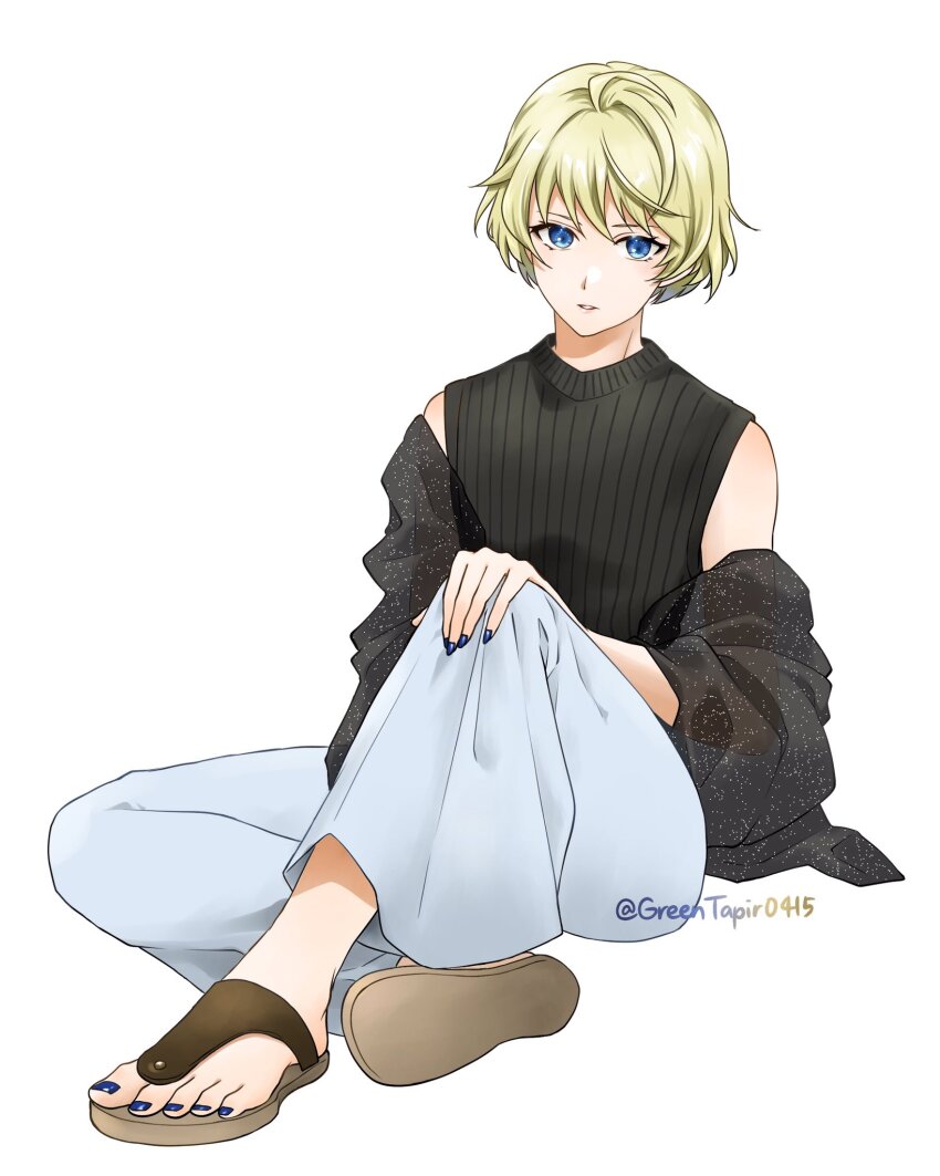1girl ahoge alternate_costume blonde_hair blue_eyes blue_nails fire_emblem fire_emblem_engage highres looking_at_viewer merrin_(fire_emblem) midori_no_baku nail_polish nintendo sandals short_hair sitting solo toenail_polish toenails