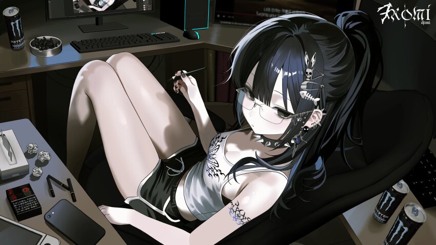 1girl absurdres armpit_crease bags_under_eyes bare_shoulders black_choker black_eyes black_hair black_nails black_shorts breasts chiromi choker cleavage crop_top dolphin_shorts drawstring ear_piercing earrings energy_drink expressionless from_side glasses goth_fashion hair_ornament hairclip half_updo highres holding holding_stylus indoors jewelry long_hair looking_at_viewer looking_to_the_side medium_breasts midriff mole mole_on_breast mole_under_eye monster_energy multicolored_hair nail_polish original piercing rimless_eyewear shirt short_shorts shorts shoulder_tattoo sitting sleeveless sleeveless_shirt solo spiked_choker spikes streaked_hair stylus tattoo thighs white_shirt
