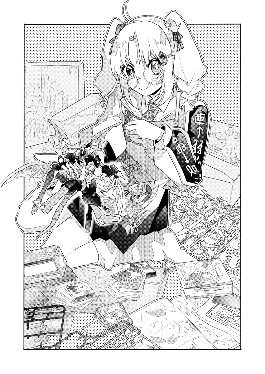 absurdres apron digimon digimon_card_game digimon_recollection glasses greyscale halftone highres kneeling looking_at_viewer millenniumon model_kit monochrome nozomi_riko omegamon ookutsuwa_waga paildramon round_eyewear shinegreymon tongue tongue_out trading_card twintails