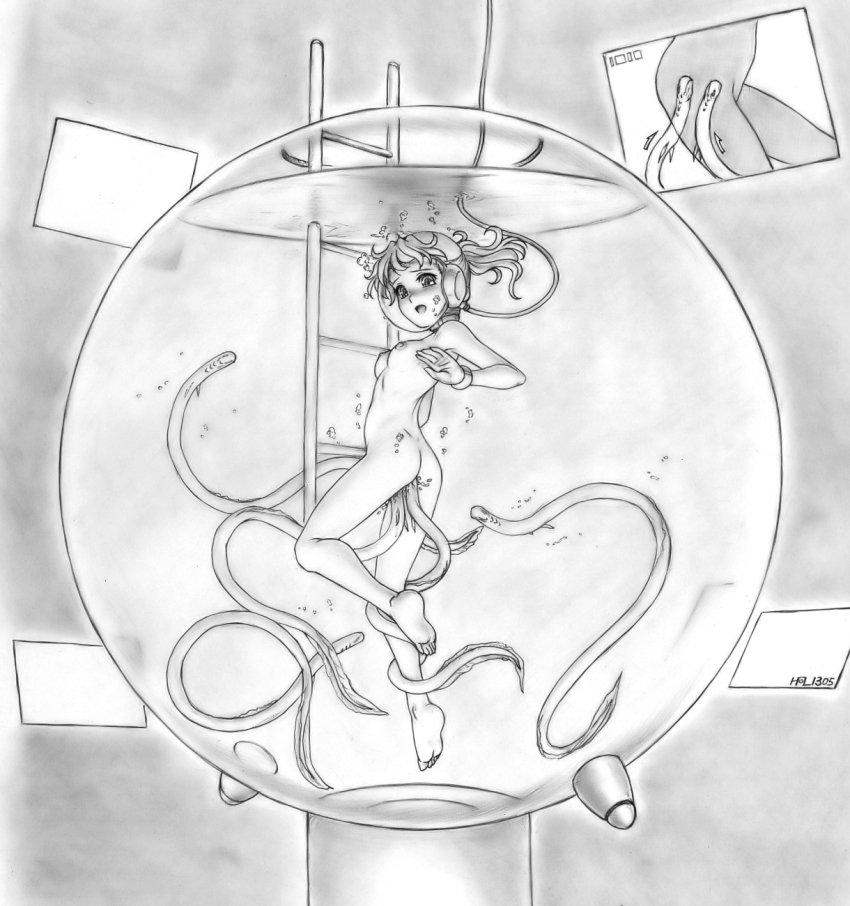 1girl anal bestiality creature_inside double_penetration eel greyscale harumachi_nagaaki highres monochrome nude ponytail submerged vaginal
