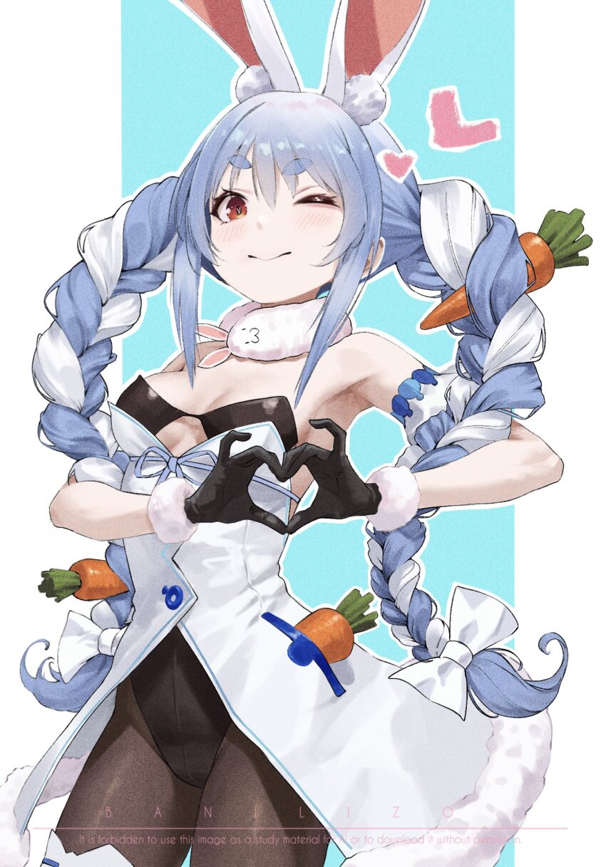 1girl ;) animal_ears artist_name bani-lizo black_gloves black_leotard black_pantyhose blue_hair bow carrot closed_mouth cowboy_shot gloves hair_bow hashtag-only_commentary heart heart_hands highres hololive leotard looking_at_viewer multicolored_hair one_eye_closed pantyhose rabbit_ears rabbit_girl red_eyes smile solo two-tone_hair usada_pekora usada_pekora_(1st_costume) virtual_youtuber white_bow white_hair