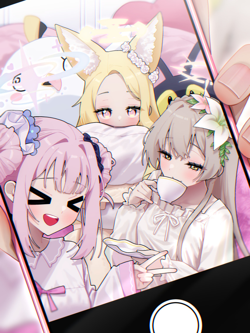 &gt;_&lt; 3girls :d absurdres agnamore animal_ear_fluff animal_ears blonde_hair blue_archive blue_flower blurry blurry_background brown_eyes brown_hair cellphone closed_eyes collared_dress commentary_request depth_of_field dress fingernails flower hair_between_eyes hair_bun hair_flower hair_ornament halo highres holding holding_phone long_hair long_sleeves mika_(blue_archive) multiple_girls nagisa_(blue_archive) open_mouth parted_bangs peroro_(blue_archive) phone pink_eyes pink_flower pink_hair puffy_long_sleeves puffy_sleeves seia_(blue_archive) selfie single_side_bun sleeves_past_wrists smile v very_long_hair white_dress white_flower xd