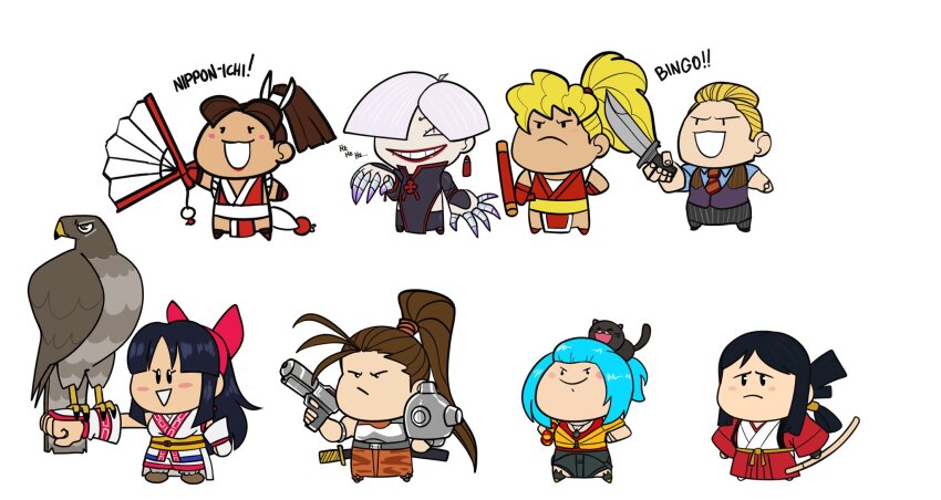 1boy 6+girls a.k.i._(street_fighter) alien_(series) armor bakumatsu_rouman black_eyes black_hair blonde_hair blue_hair breasts capcom cat chibi cody_travers crossover fatal_fury final_fight fingerless_gloves gloves gun hair_ribbon highres knife legs linn_kurosawa long_hair mamahaha medium_breasts multiple_girls nakoruru open_mouth pants ponytail ribbon samurai_spirits serious shiranui_mai short_hair smile snk street_fighter takane_hibiki the_king_of_fighters the_king_of_fighters_xv thighs weapon white_hair worried