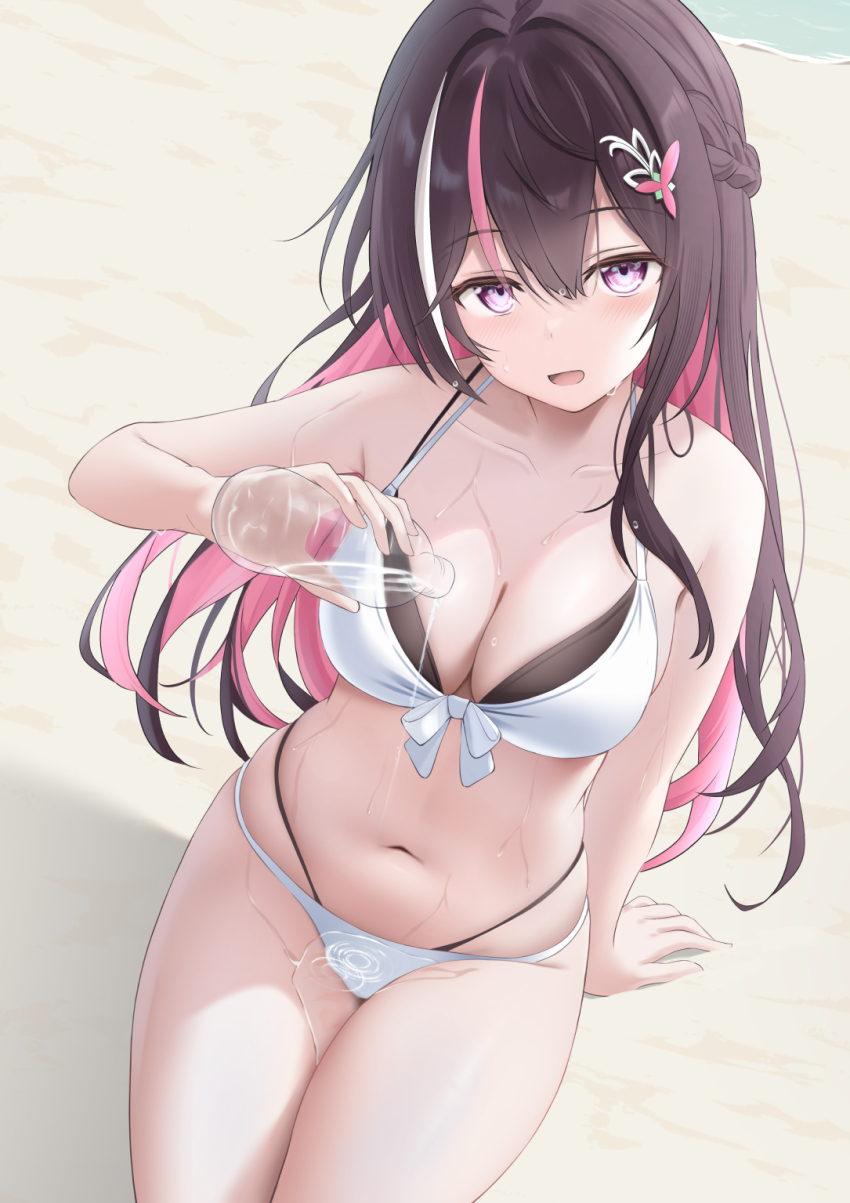 1girl arm_support azki_(hololive) bare_shoulders beach bikini blush bottle braid breasts brown_hair cleavage collarbone colored_inner_hair commentary_request day dutch_angle from_above front-tie_bikini_top front-tie_top hair_between_eyes hair_intakes hair_ornament hand_up highres holding holding_bottle hololive large_breasts layered_bikini long_hair multi-strapped_bikini_bottom multi-strapped_bikini_top multicolored_hair navel ocean on_ground open_mouth outdoors pink_eyes pink_streaks plastic_bottle pouring pouring_onto_self seriponpoyon sidelocks stomach streaked_hair sunlight swimsuit thighs very_long_hair virtual_youtuber water_bottle wet white_bikini