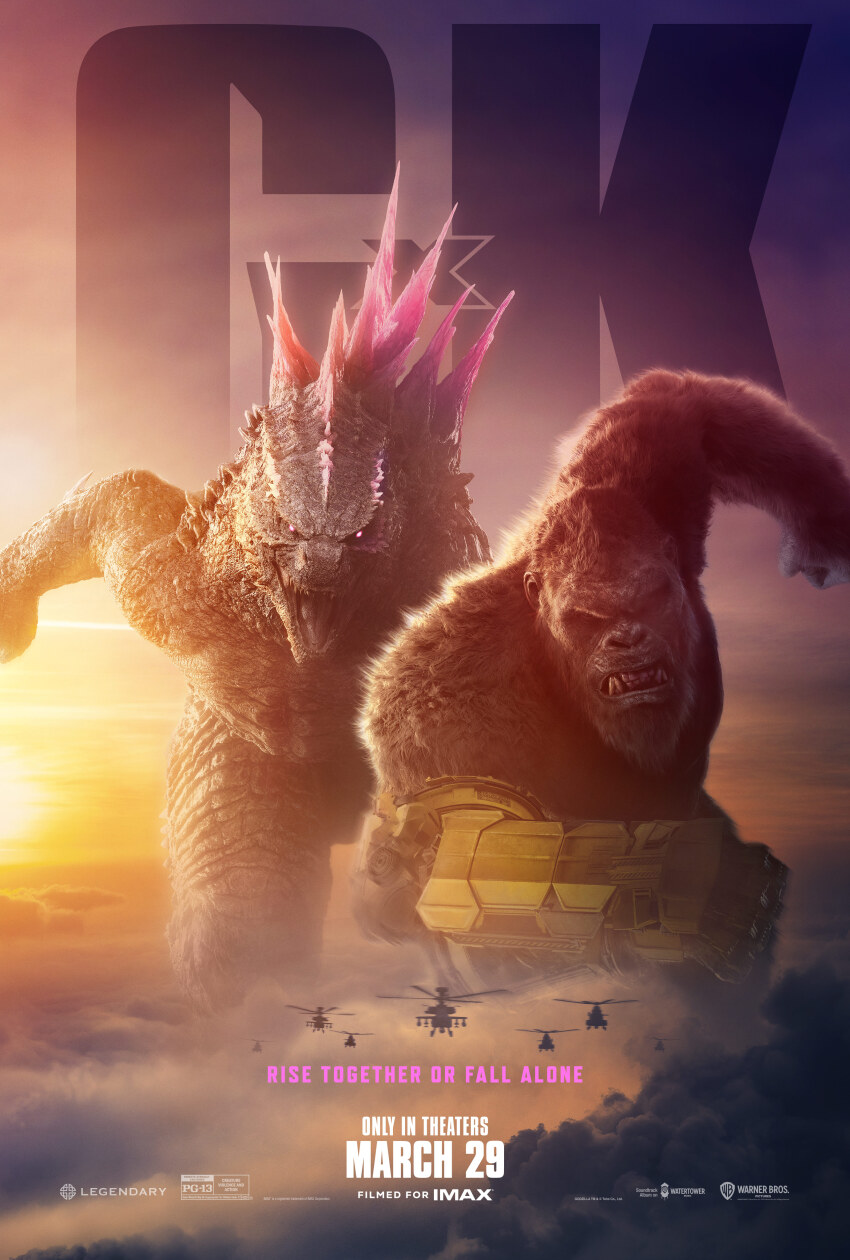 absurdres ah-64_apache aircraft angry ape artist_request attack_helicopter b.e.a.s.t._glove cloud crossover dinosaur electroshock_weapon english_text fangs fog gauntlets giant giant_monster glowing glowing_eyes glowing_spikes godzilla godzilla_(monsterverse) godzilla_(series) godzilla_and_kong_running_(meme) godzilla_evolved godzilla_x_kong:_the_new_empire gorilla helicopter highres kaiju king_kong king_kong_(series) legendary_pictures looking_at_viewer military monster monsterverse movie_poster no_humans no_pupils official_art open_mouth pink_eyes poster_(medium) promotional_art roaring running sea_monster sharp_teeth spikes teeth toho tongue warner_bros weapon
