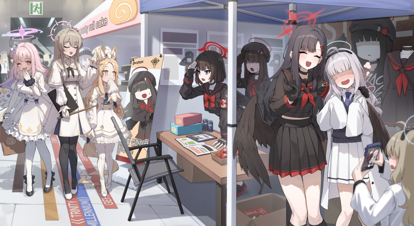 6+girls ;d absurdres ahoge animal_ears bad_tag black_choker black_gloves black_hair black_serafuku black_skirt blonde_hair blue_archive brown_hair chair choker closed_eyes commentary_request exit_sign faceless faceless_female fox_ears fox_girl fox_tail gloves hairband highres ichika_(blue_archive) justice_task_force_member_(blue_archive) kokukyukeo lab_coat long_hair long_sleeves mashiro_(blue_archive) mika_(blue_archive) millennium_science_school_student_(blue_archive) millennium_science_school_student_b_(blue_archive) multiple_girls nagisa_(blue_archive) neckerchief necktie no_eyes one_eye_closed open_mouth pantyhose pink_hair pleated_skirt purple_eyes red_neckerchief school_uniform seia_(blue_archive) serafuku shoes skirt sleeves_past_fingers sleeves_past_wrists smile striped_clothes striped_pantyhose tail taking_picture tea_party_(blue_archive) v vertical-striped_clothes vertical-striped_pantyhose white_skirt yellow_eyes