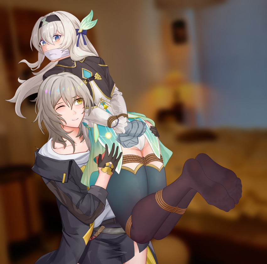 2girls ;) absurdres arms_behind_back ass bdsm black_gloves black_hairband black_jacket black_skirt blurry blurry_background bondage bound bound_legs bound_wrists carrying carrying_person cloth_gag collarbone commentary_request cowboy_shot firefly_(honkai:_star_rail) gag gagged gloves grey_hair hair_ribbon hairband highres honkai:_star_rail honkai_(series) improvised_gag jacket long_hair long_sleeves looking_at_viewer miniskirt multiple_girls no_shoes one_eye_closed cloth_gag panties purple_eyes purple_ribbon ribbon rope shirt skirt smile standing stelle_(honkai:_star_rail) thighhighs trailblazer_(honkai:_star_rail) underwear white_panties white_shirt yellow_eyes yuehei_dao