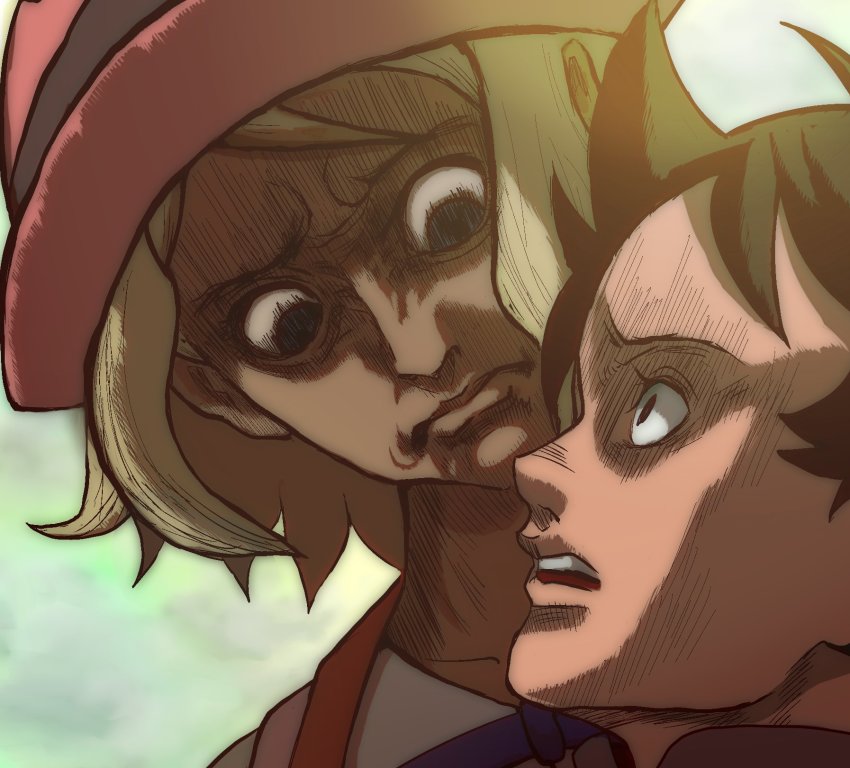 1boy 1girl angry black_hair blonde_hair closed_mouth cosmo_(465lilia) goh_(pokemon) hat highres looking_at_another looking_down nintendo open_mouth parody pink_headwear pokemon pokemon_(anime) pokemon_journeys pokemon_xy_(anime) purple_headwear scared serena_(pokemon) serious shingeki_no_kyojin upper_body yelena_(shingeki_no_kyojin) you_gonna_get_raped