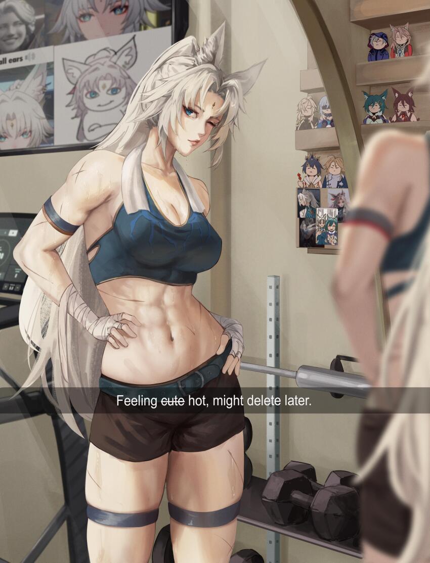 1girl absurdres animal_ears arm_strap bandaged_hand bandages bare_shoulders belt black_shorts blue_eyes breasts cleavage commentary cowboy_shot crop_top dumbbell english_commentary feixiao_(honkai:_star_rail) fox_ears highres honkai:_star_rail honkai_(series) jiaoqiu_(honkai:_star_rail) jing_yuan jingliu_(honkai:_star_rail) large_breasts long_hair looking_at_viewer luxearte midriff moze_(honkai:_star_rail) navel one_eye_closed short_shorts shorts sports_bra standing stomach thigh_strap thighs tingyun_(honkai:_star_rail) very_long_hair white_hair yanqing_(honkai:_star_rail) yukong_(honkai:_star_rail) yunli_(honkai:_star_rail)