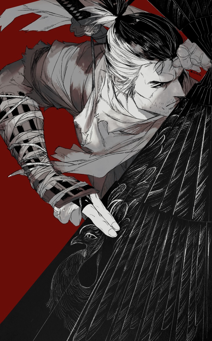 1boy absurdres closed_mouth expressionless facial_hair greyscale_with_colored_background highres japanese_clothes male_focus ninja piyomotsu ponytail red_background sekiro sekiro:_shadows_die_twice short_hair simple_background solo sword sword_on_back topknot weapon weapon_on_back